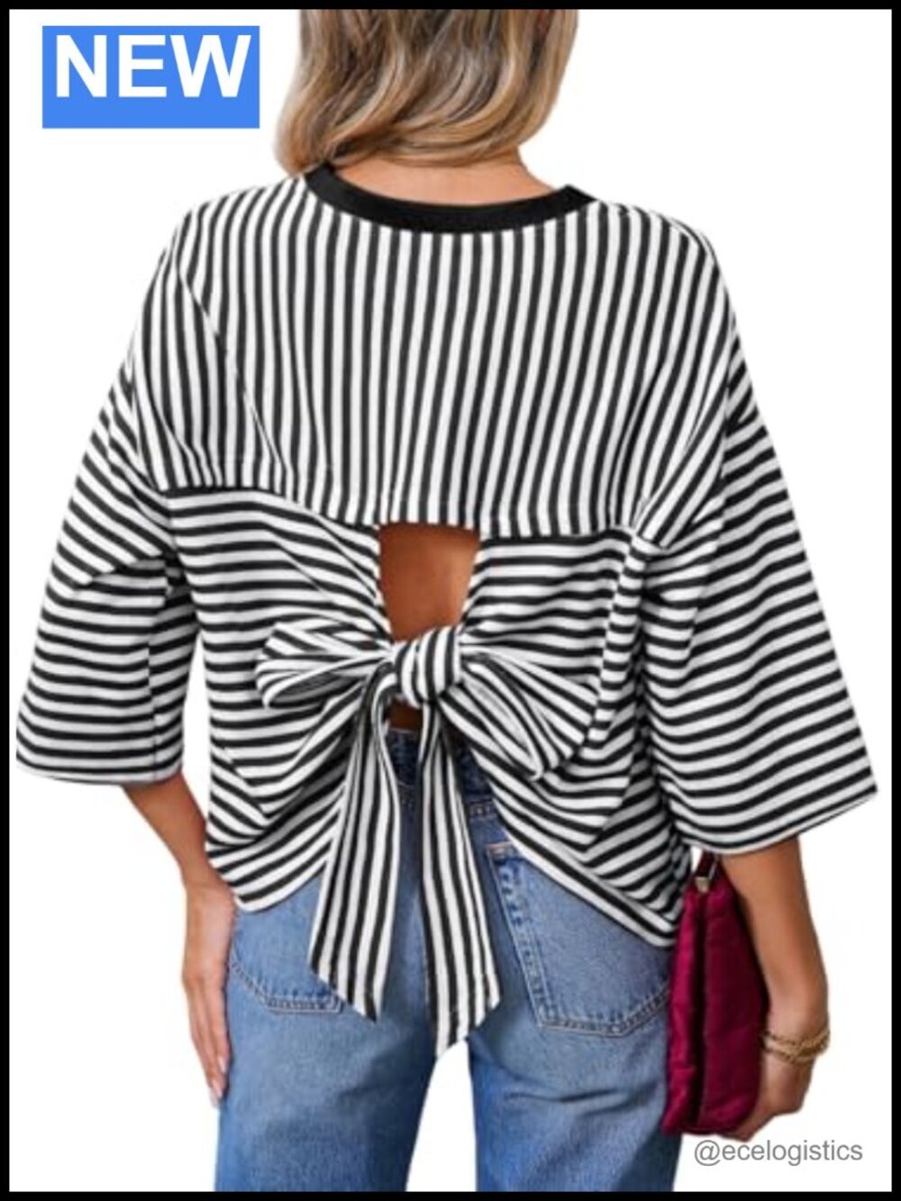 Striped Tie Back Short Sleeve T Shirt Crewneck Casual Loose Basic Tee Summer